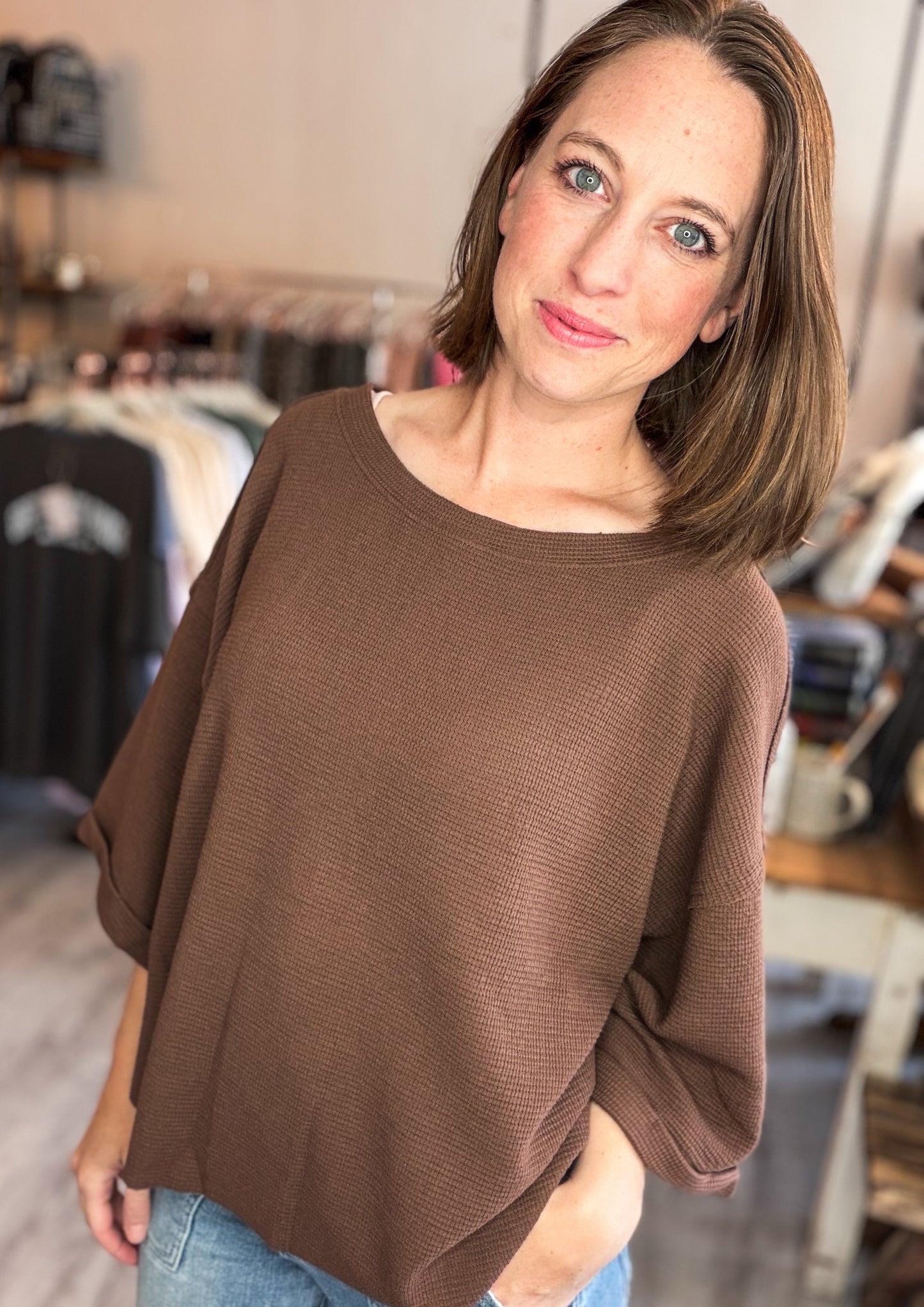 Double Knit Exposed Seam Short Sleeve Sweater in Chocolate Brown