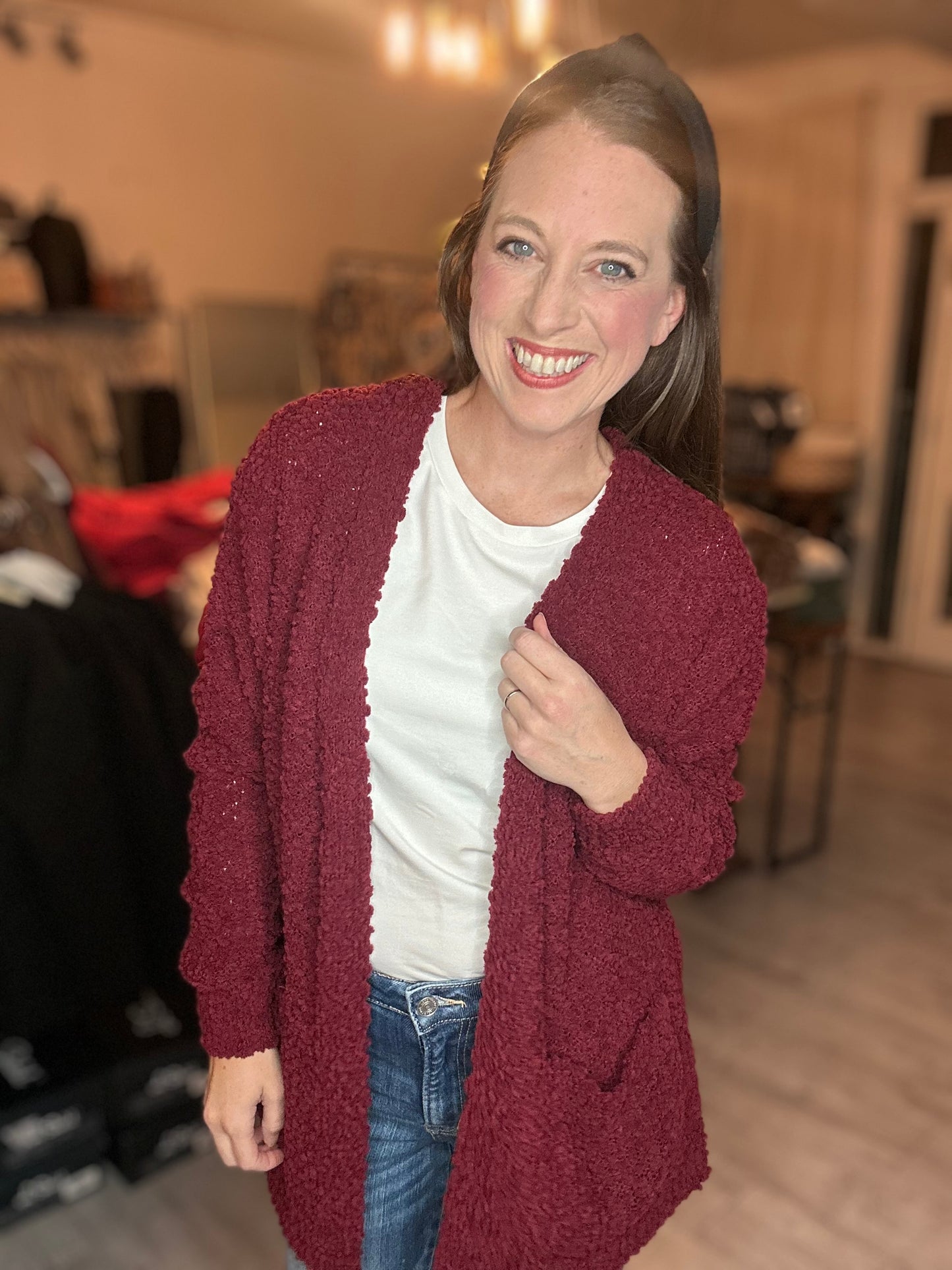 Long Sleeve Popcorn Sweater Cardigan in Cabernet