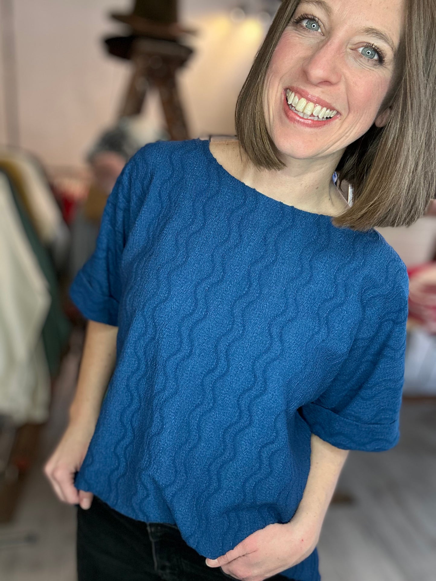 Textured Dolman Sleeve Top in Navy