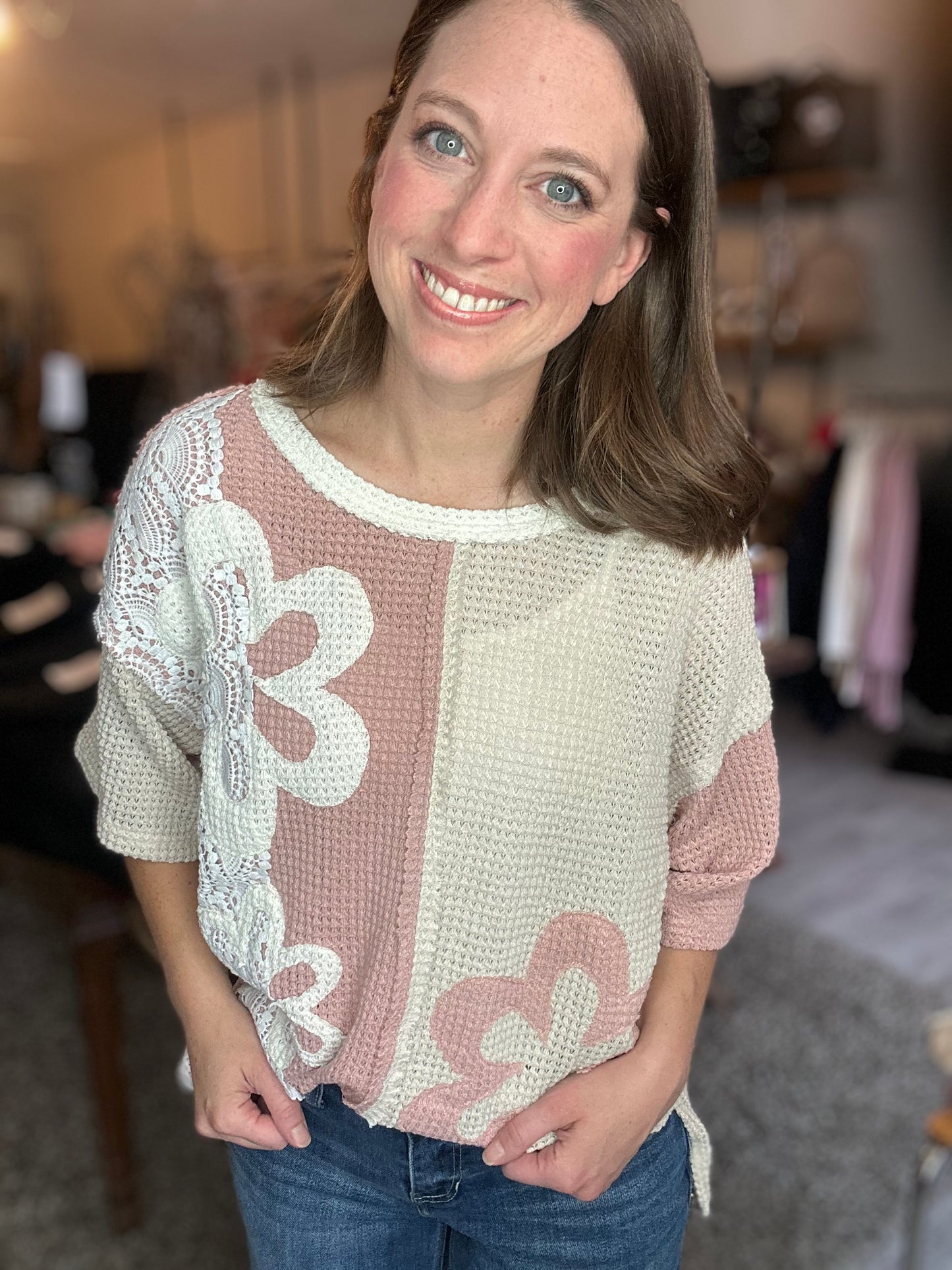 Patchwork Knit Pullover in Dusty Pink, Cream and Lace