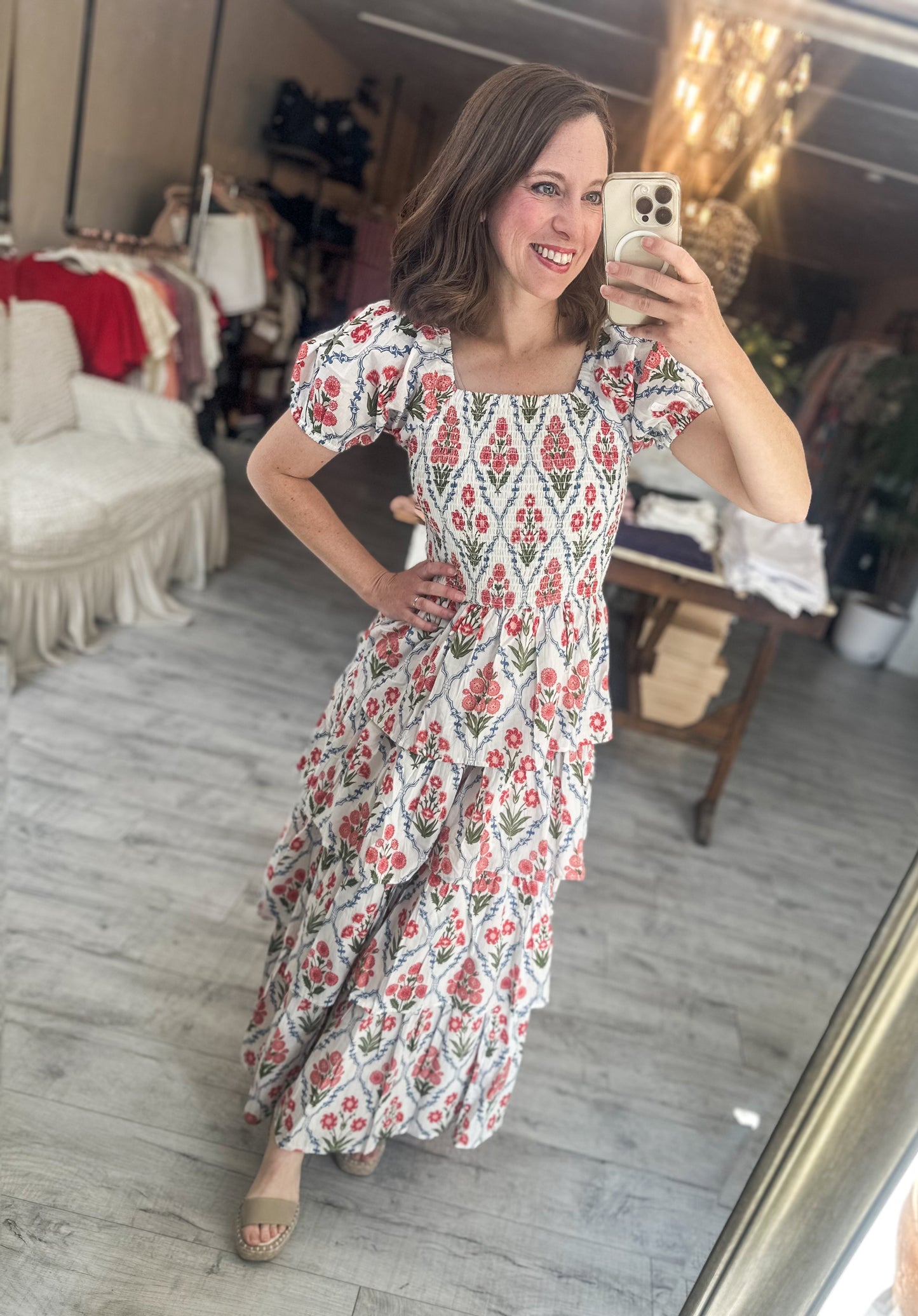 Joyful Floral Print Short Sleeve Maxi Dress w/ Tiered Skirt