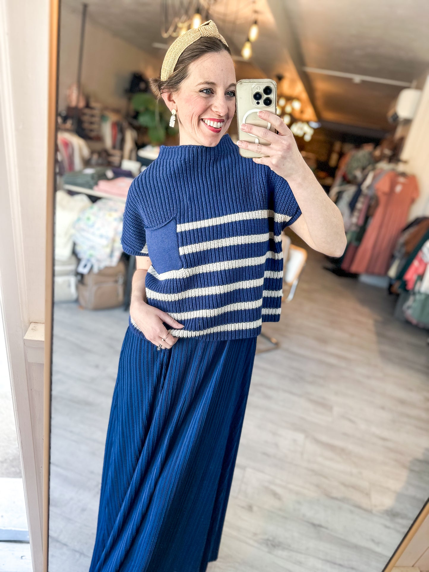 Side Slit Pleated Maxi Dress in Navy