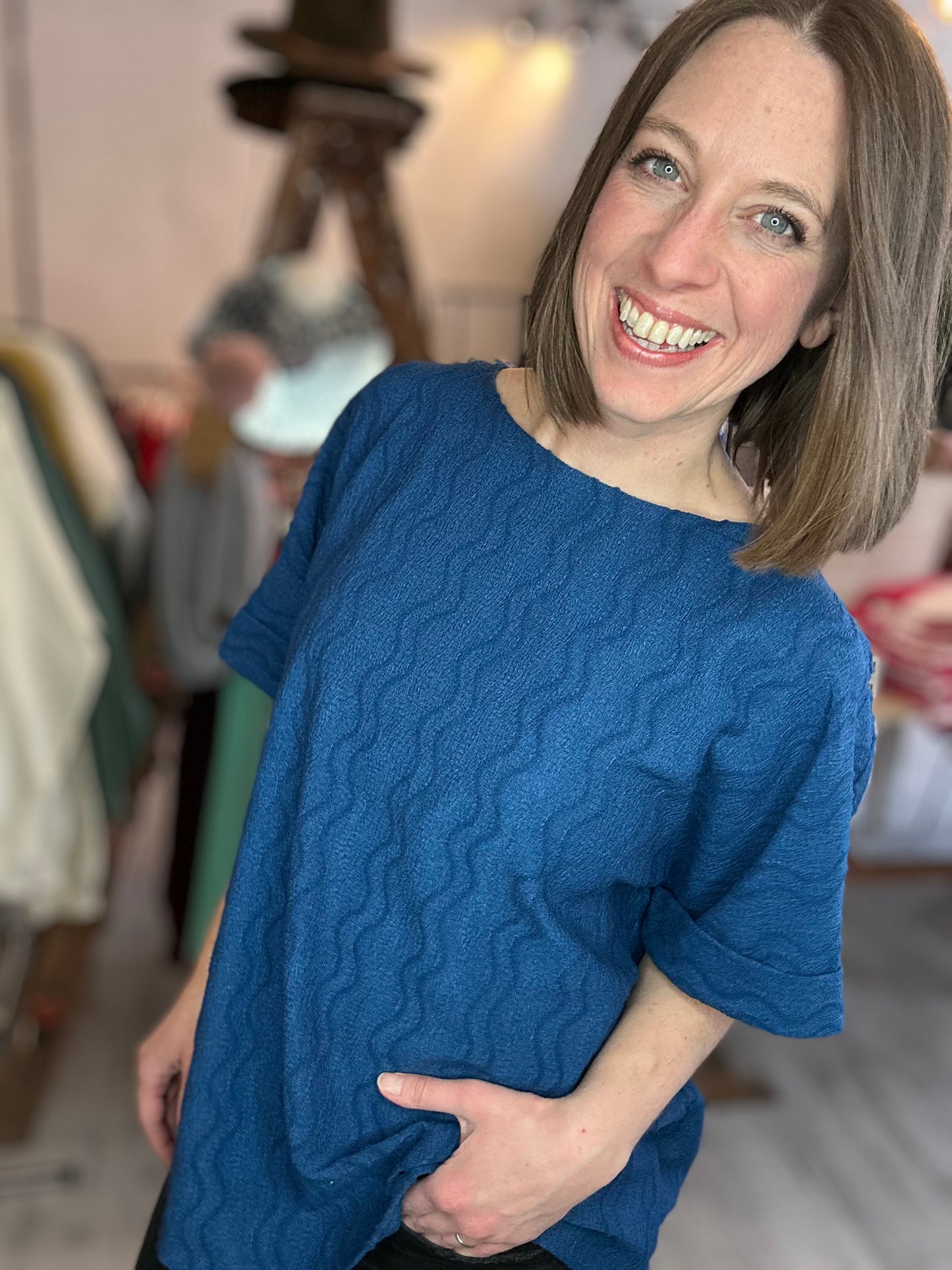 Textured Dolman Sleeve Top in Navy