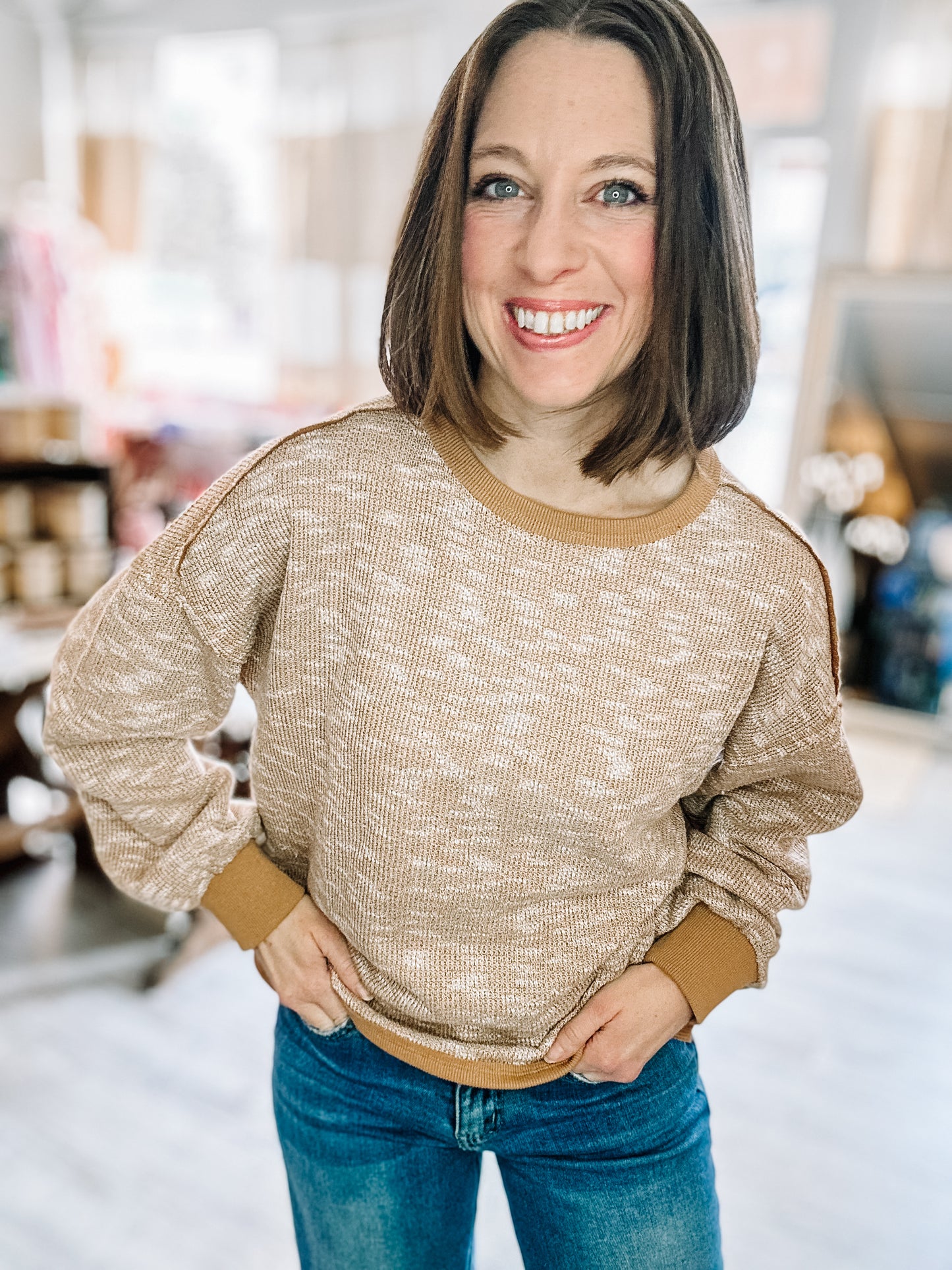 Oversized Printed Knit Casual Top in Mixed Mocha