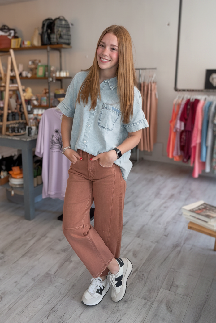 Mineral Washed Chambray Oversized Shirt Top