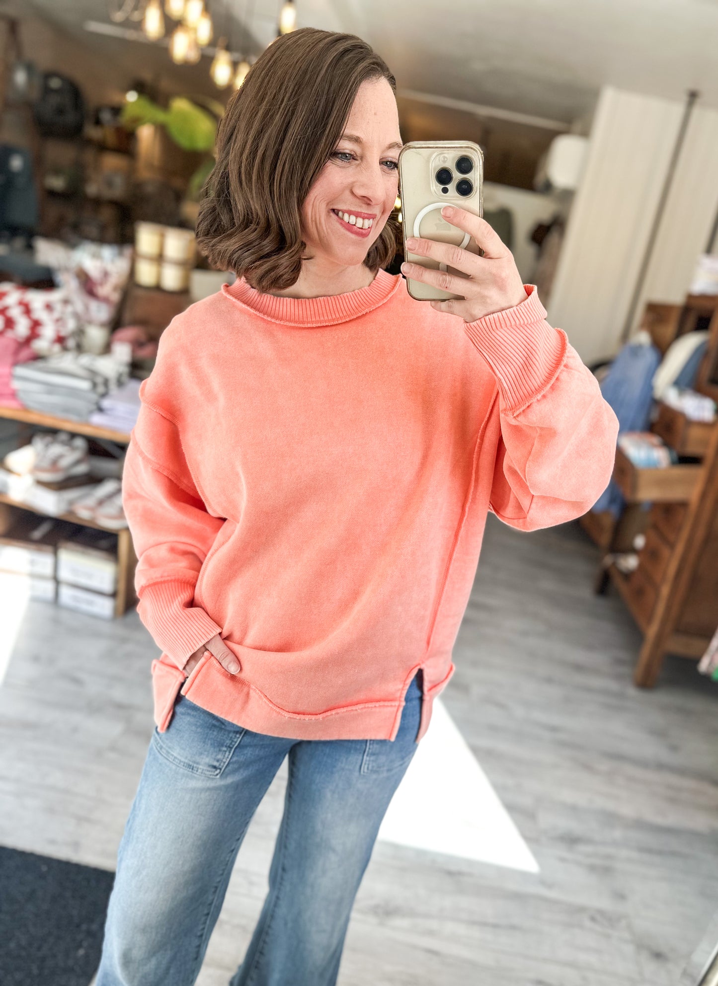 Acid Wash Exposed Seam Sweatshirt in Coral