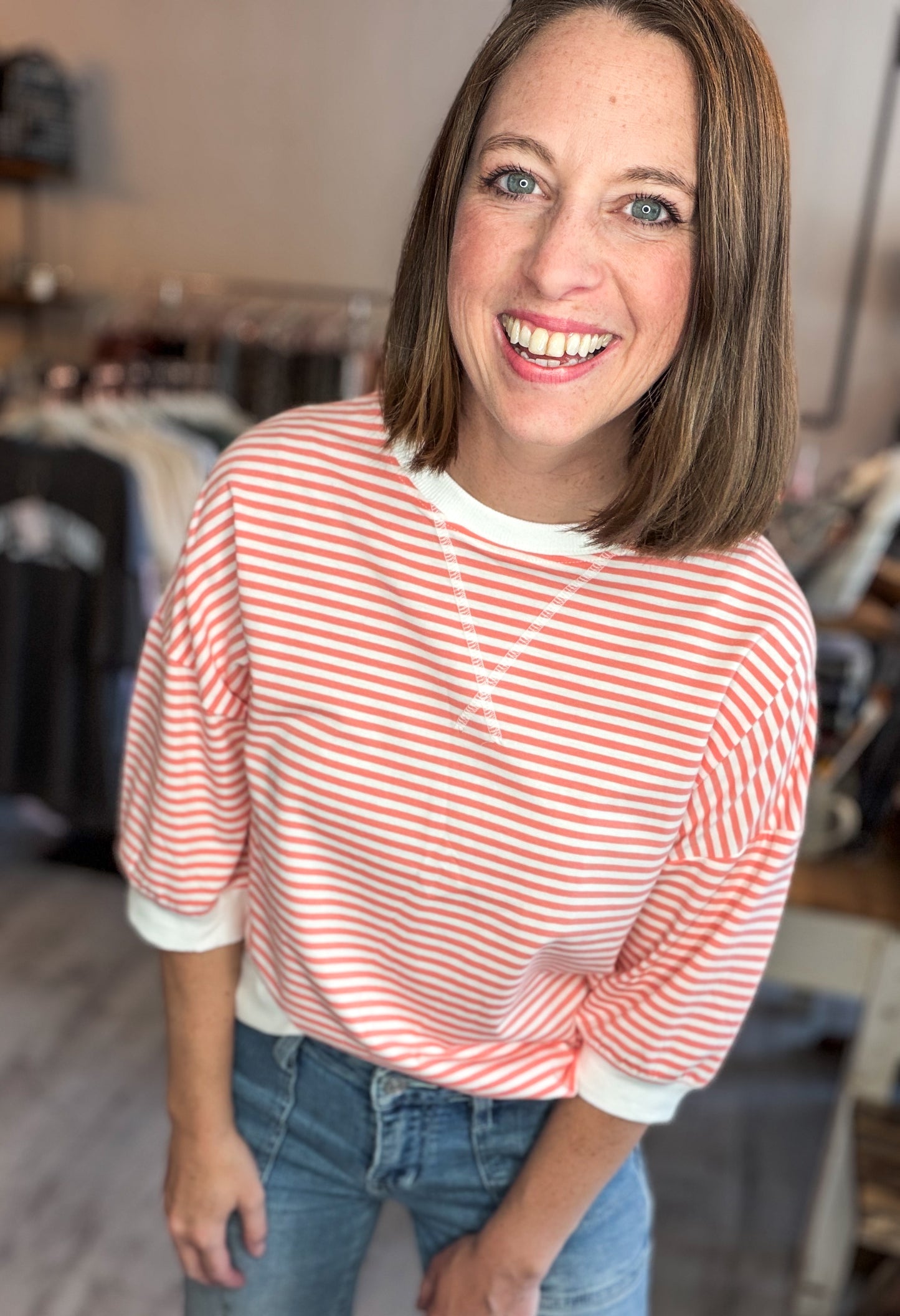 Striped Short Sleeve Top in Coral