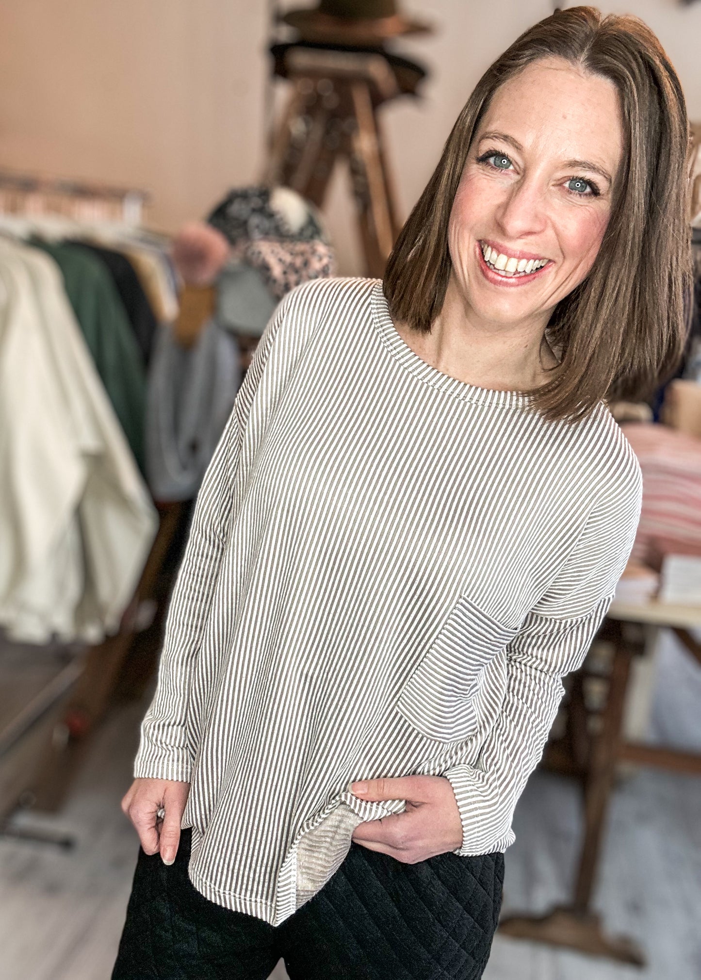 Ribbed Long Sleeve Top in Light Mocha