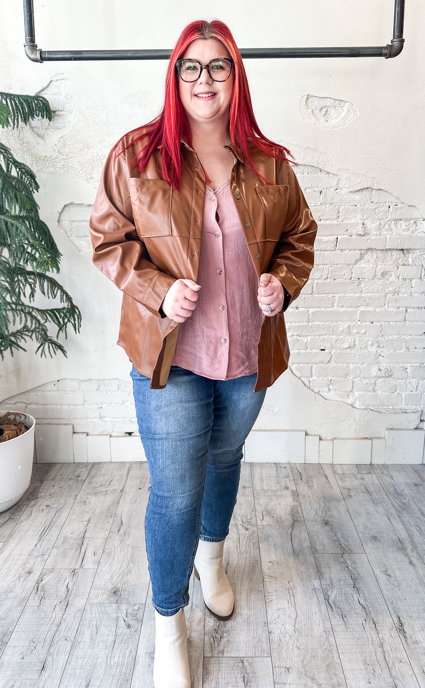 Faux Leather Button Down in Rich Cognac