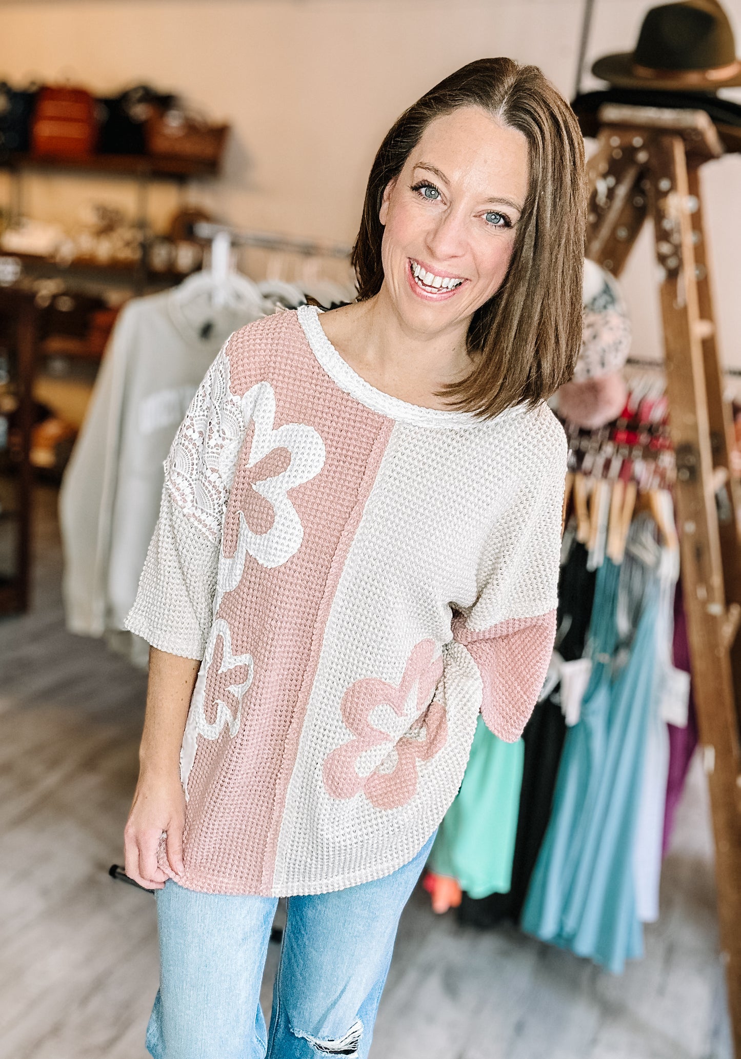 Patchwork Knit Pullover in Dusty Pink, Cream and Lace