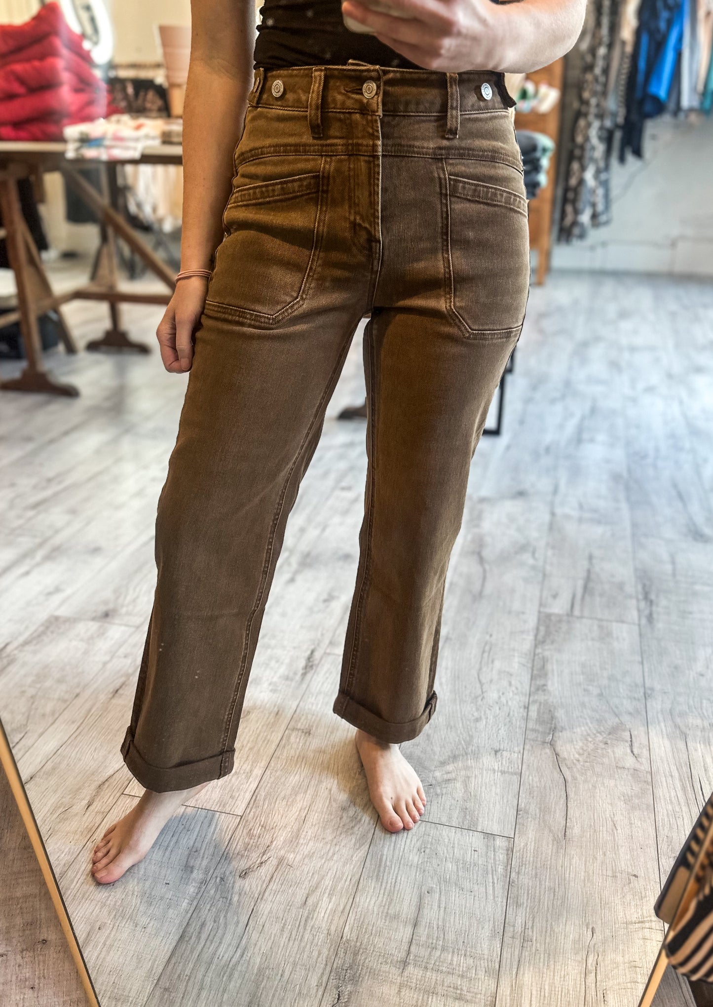 High Rise Tabbed Slim Wide Denim in Coffee by Flying Monkey