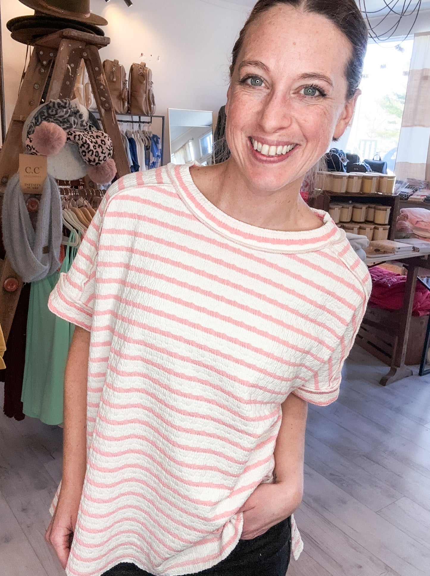 Stripe Jacquard Crew Tee in Pink & White