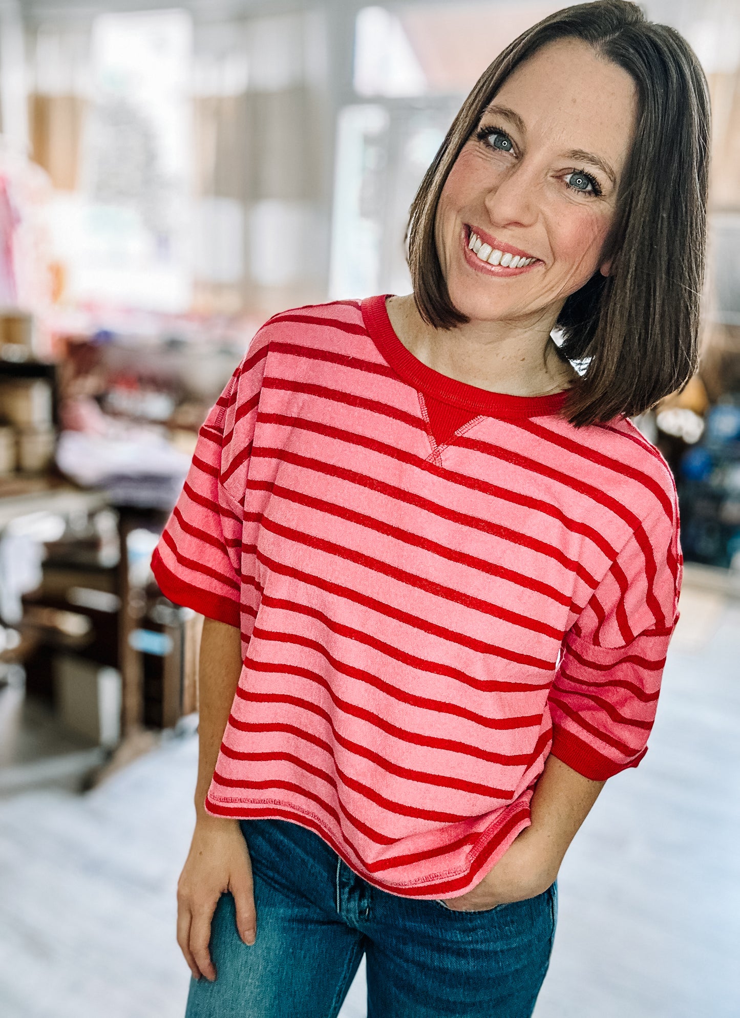 Oversized Stripe Casual Comfy Knit Top in Pink & Red