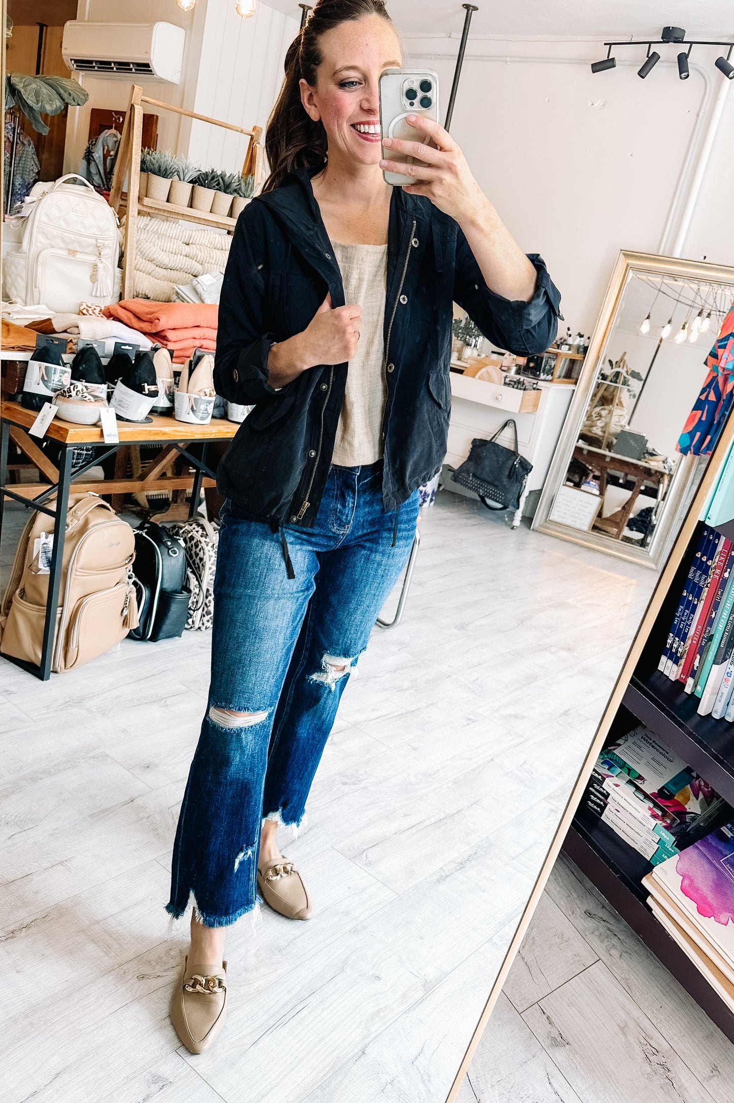 Snap Up & Zipped Hooded Light Weight Jacket in Black