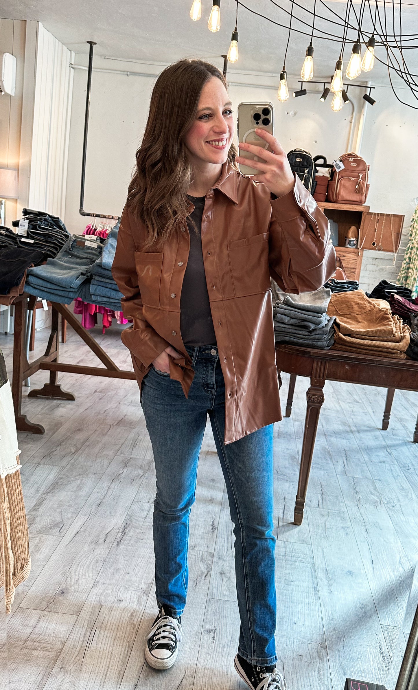 Faux Leather Button Down in Rich Cognac