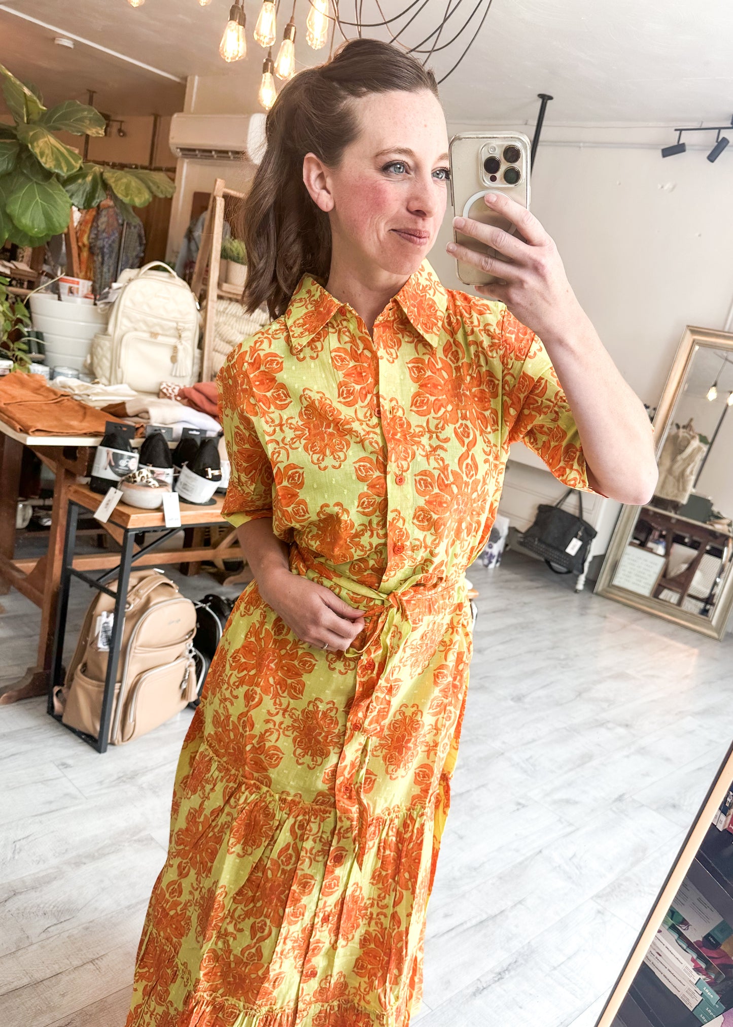 ModaPosa Swiss Dot Orange & Green Maxi Dress