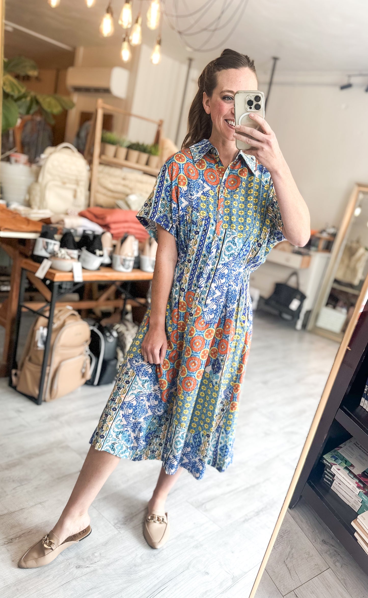 Pleated Waist Button Down Midi Shirt Dress in Blue & Coral