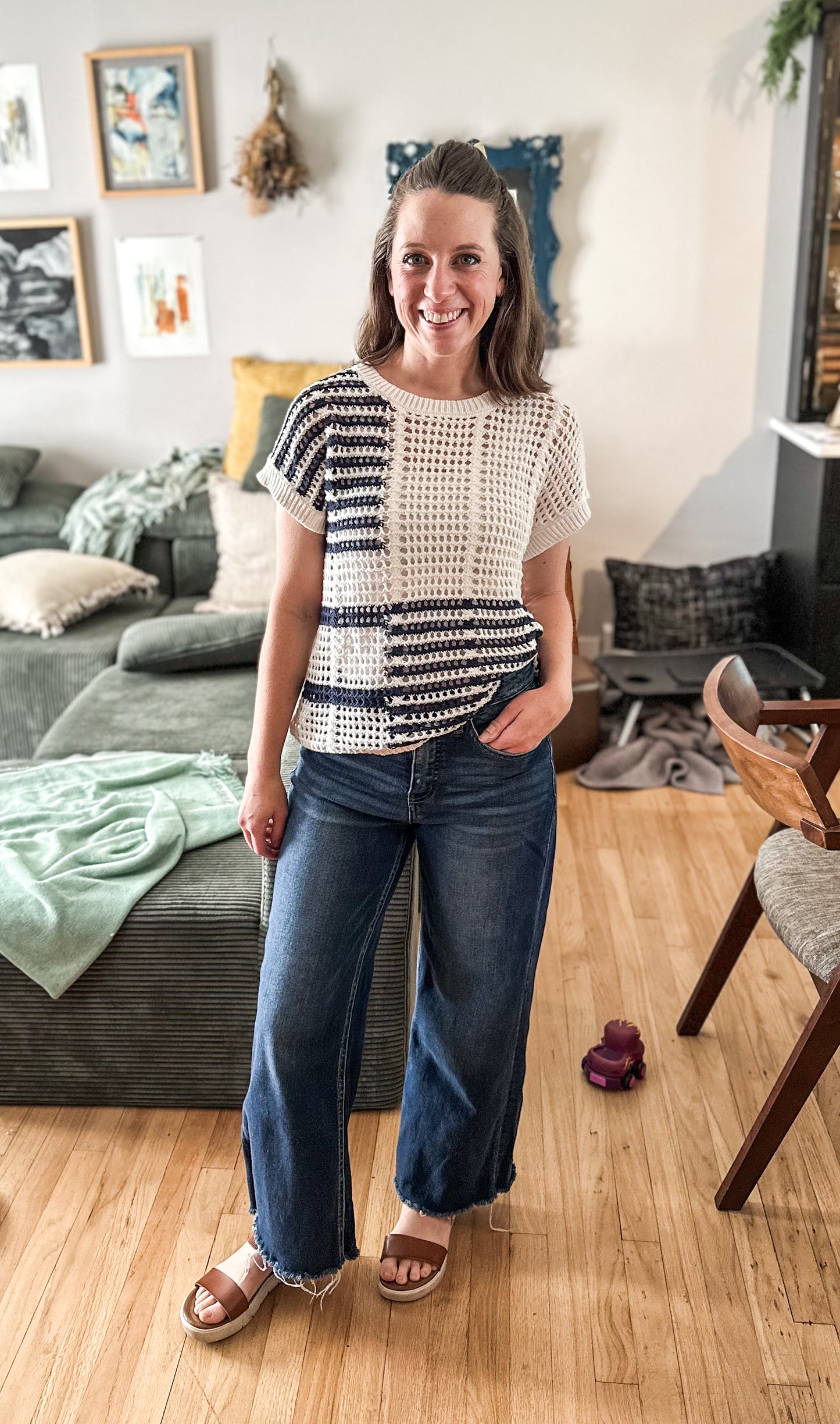 Multi Stripe Short Sleeve Crochet Knit Top in Navy