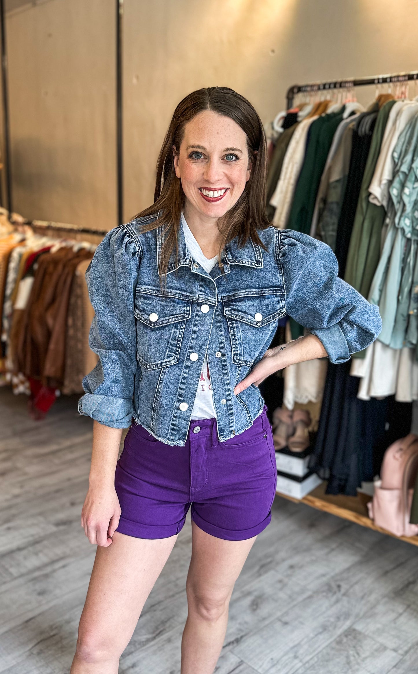 Jenna High Rise Control Top Cuffed Shorts in Purple