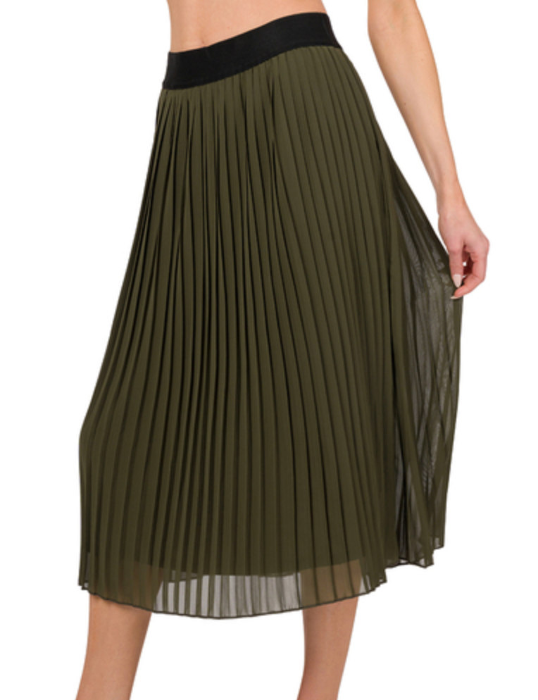 Midi Elizabeth Pleated Chiffon Skirt in Dark Olive