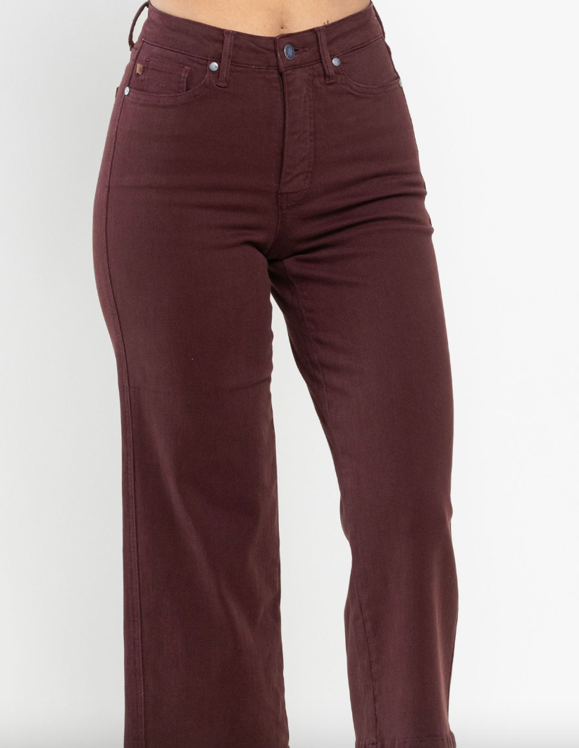 Tummy Control Wide Leg Crop Denim in Deep Red by Judy Blue