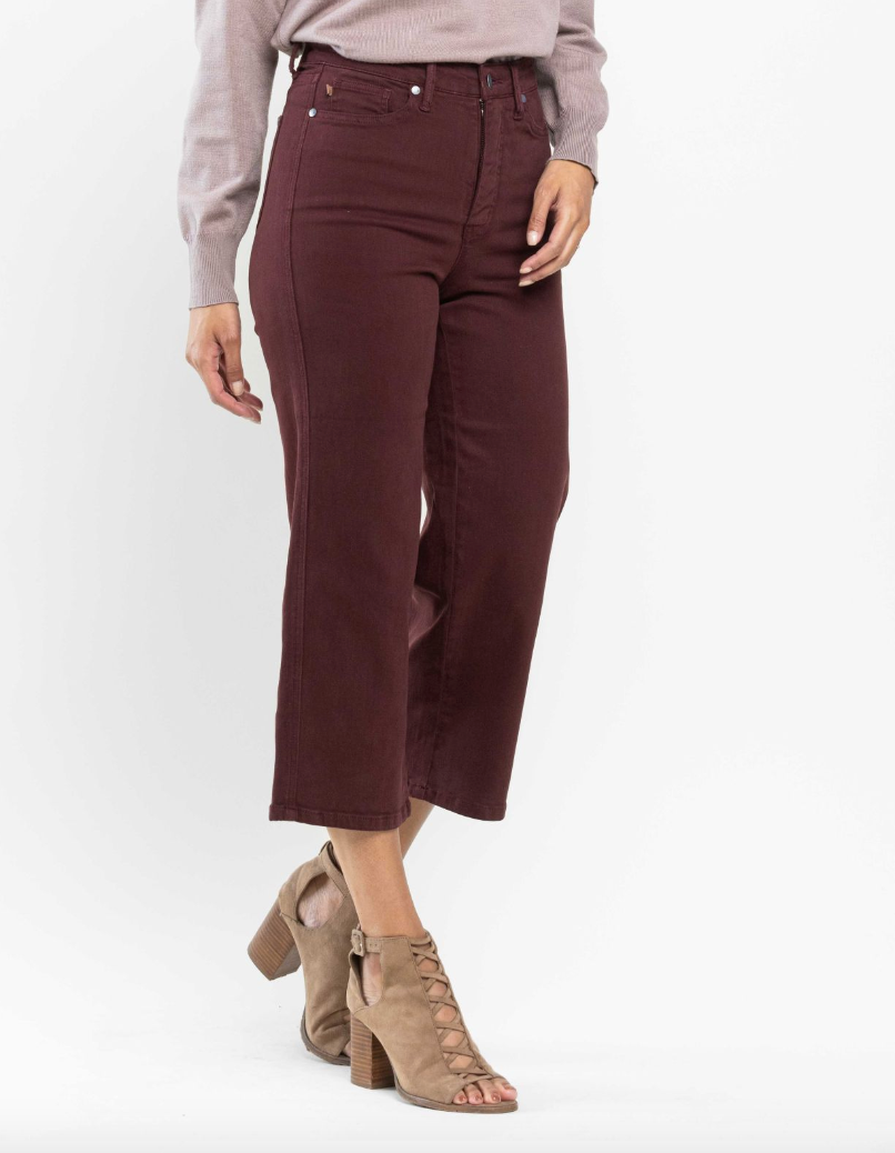 Tummy Control Wide Leg Crop Denim in Deep Red by Judy Blue
