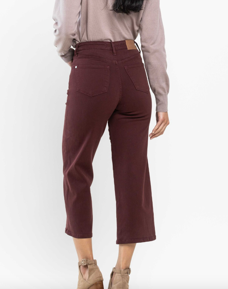 Tummy Control Wide Leg Crop Denim in Deep Red by Judy Blue