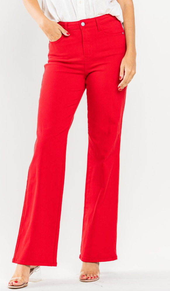 High Waist Garment Dyed Straight Denim in Vibrant Red by Judy Blue