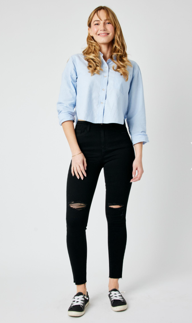 High Rise Control Top Release Hem Skinny in Black