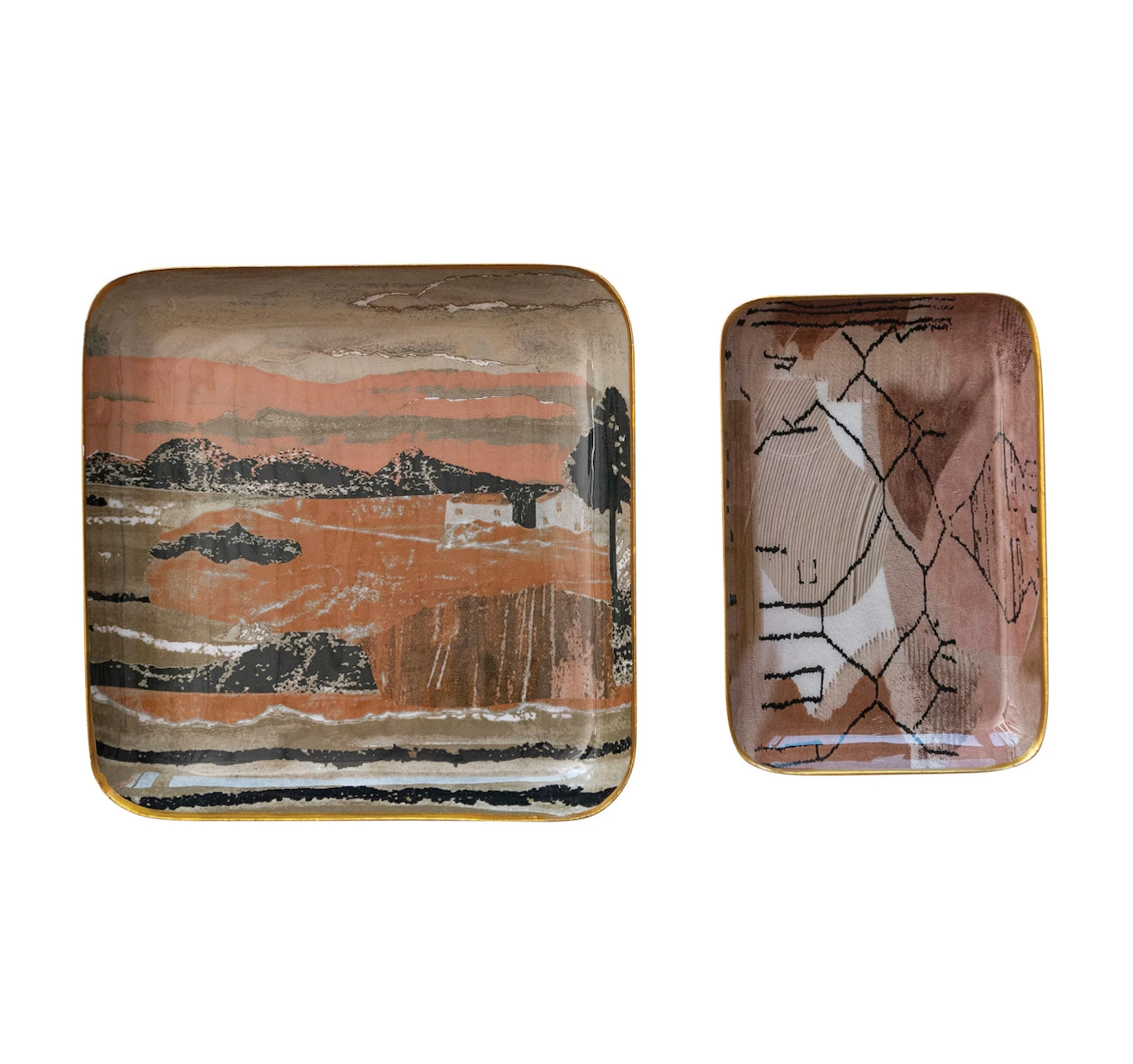 Enameled Metal Trays w/ Landscape/Abstract Image & Gold Rim