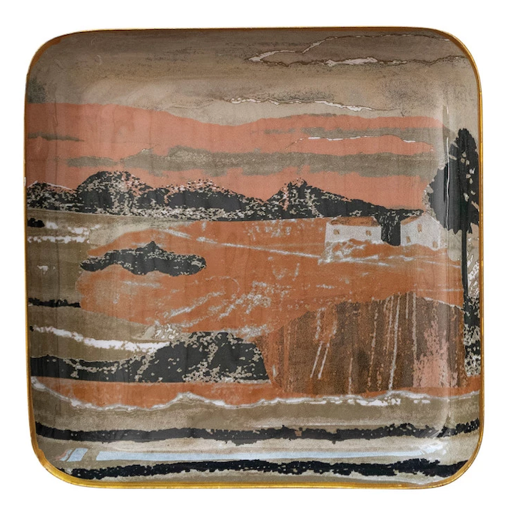 Enameled Metal Trays w/ Landscape/Abstract Image & Gold Rim