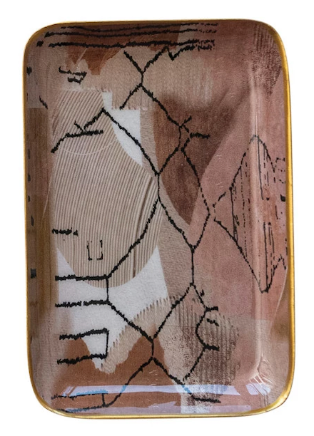 Enameled Metal Trays w/ Landscape/Abstract Image & Gold Rim