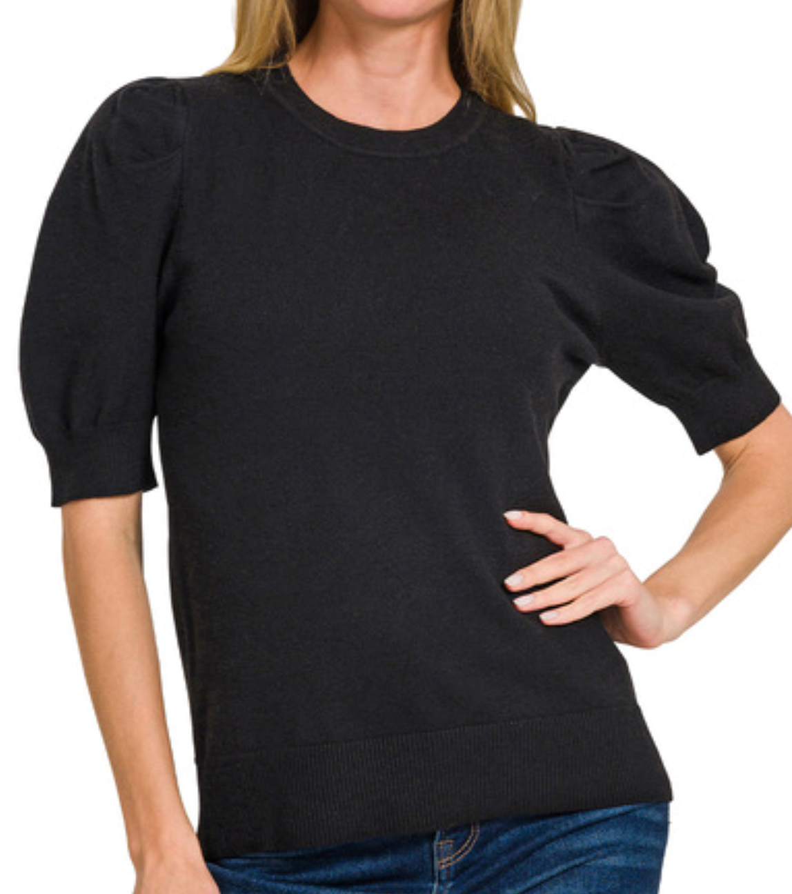 Short Puff Sleeve Sweater in Black