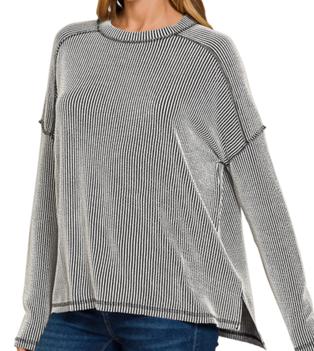 Raised Rib Edge Boat Neck Top in Black & White