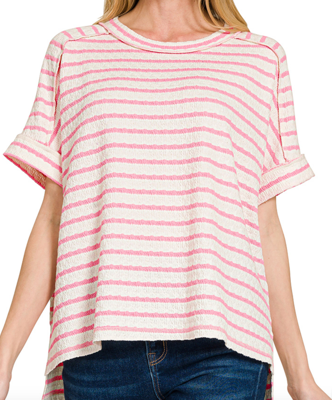 Stripe Jacquard Crew Tee in Pink & White