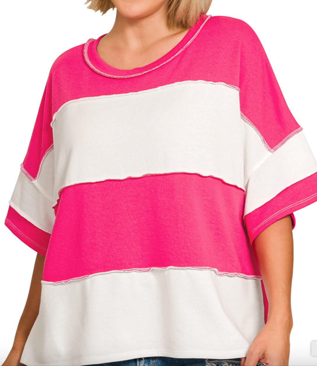French Terry Color Block Exposed Seam Top