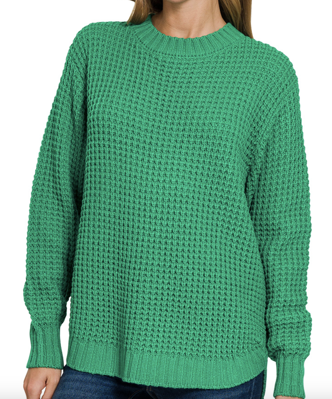 Hi-Low Waffle Sweater in Kelly Green