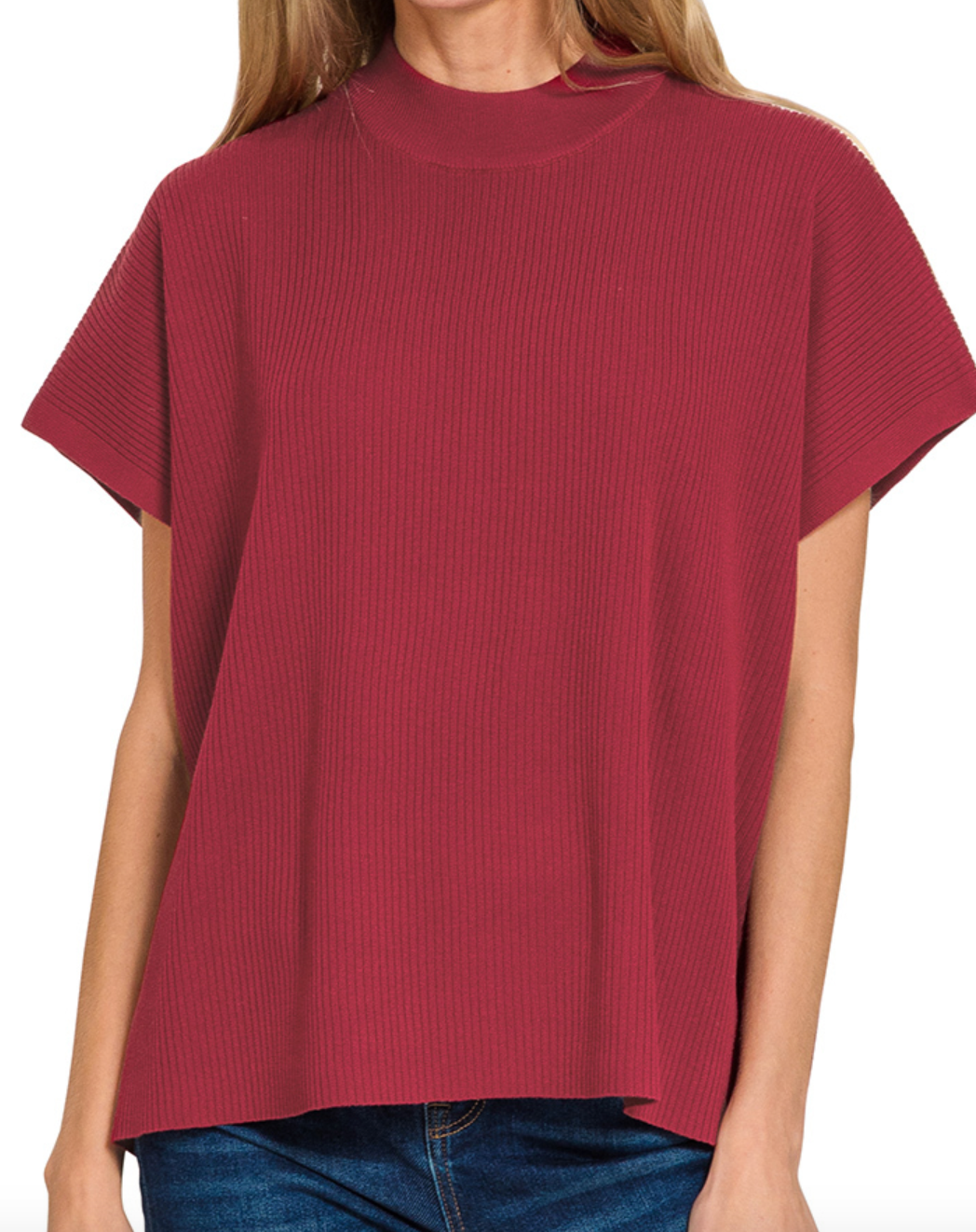 Mock Neck Short Sleeve Sweater in Cabernet
