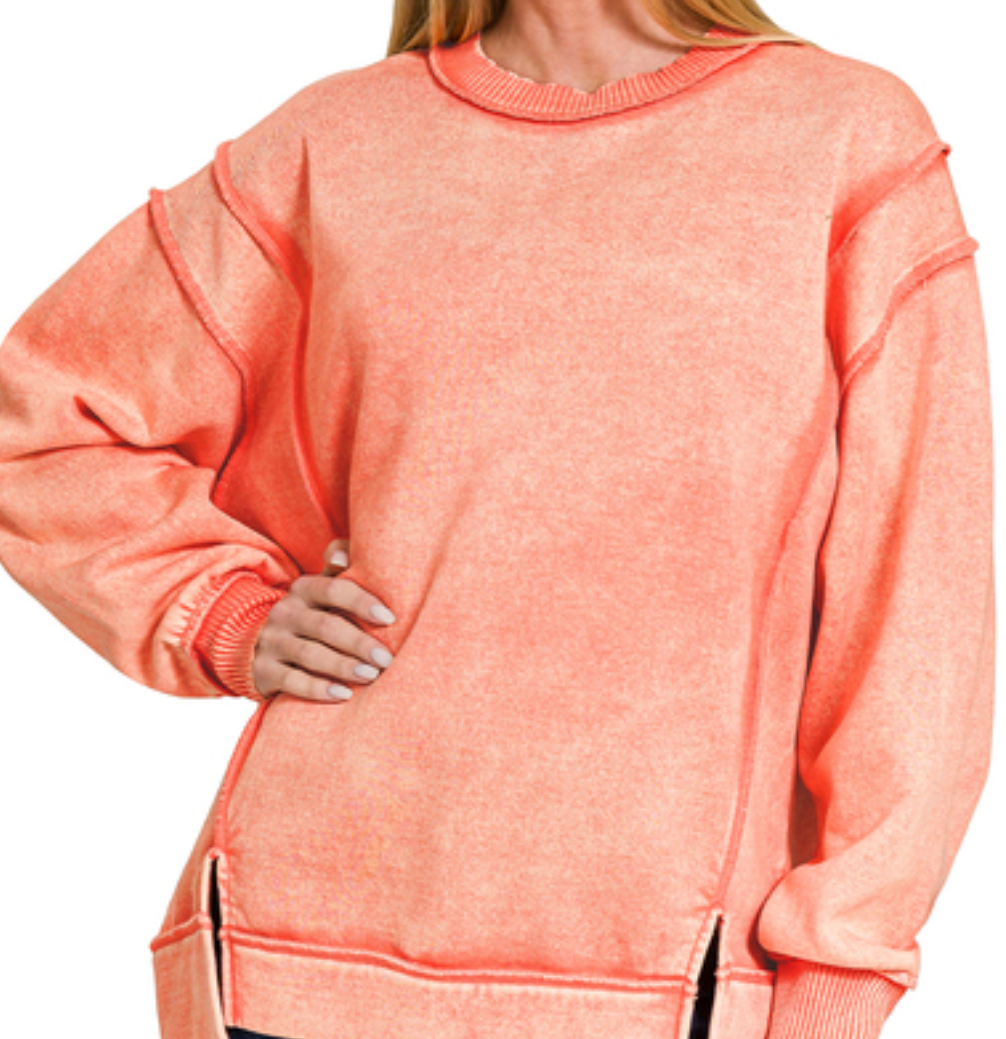 Acid Wash Exposed Seam Sweatshirt in Coral