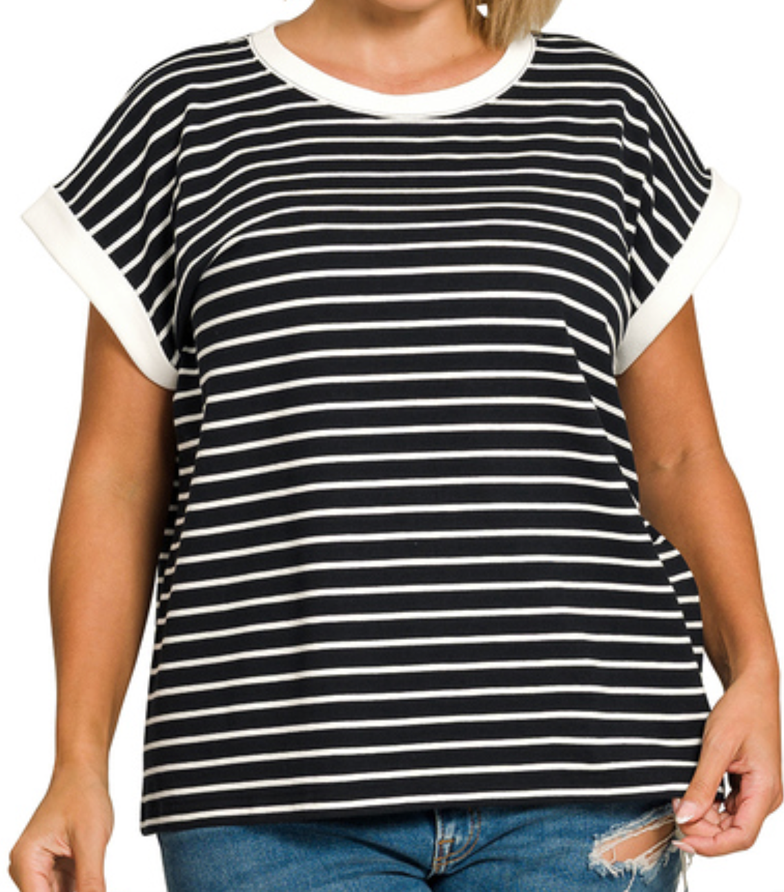Contrast Trim Cap Sleeve Tee in Striped Black & Cream