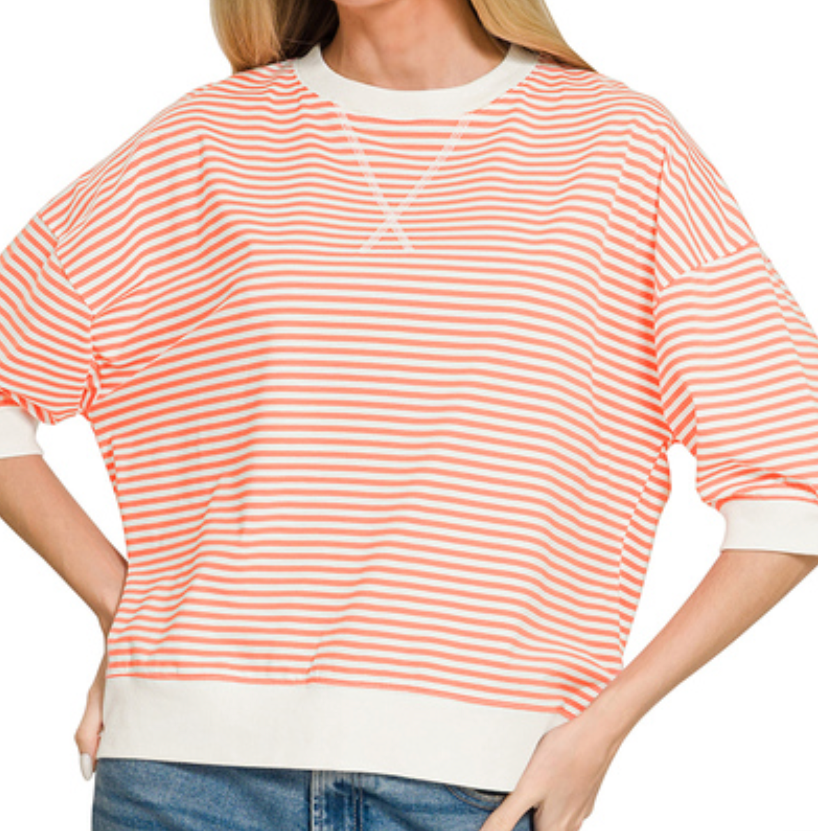 Striped Short Sleeve Top in Coral