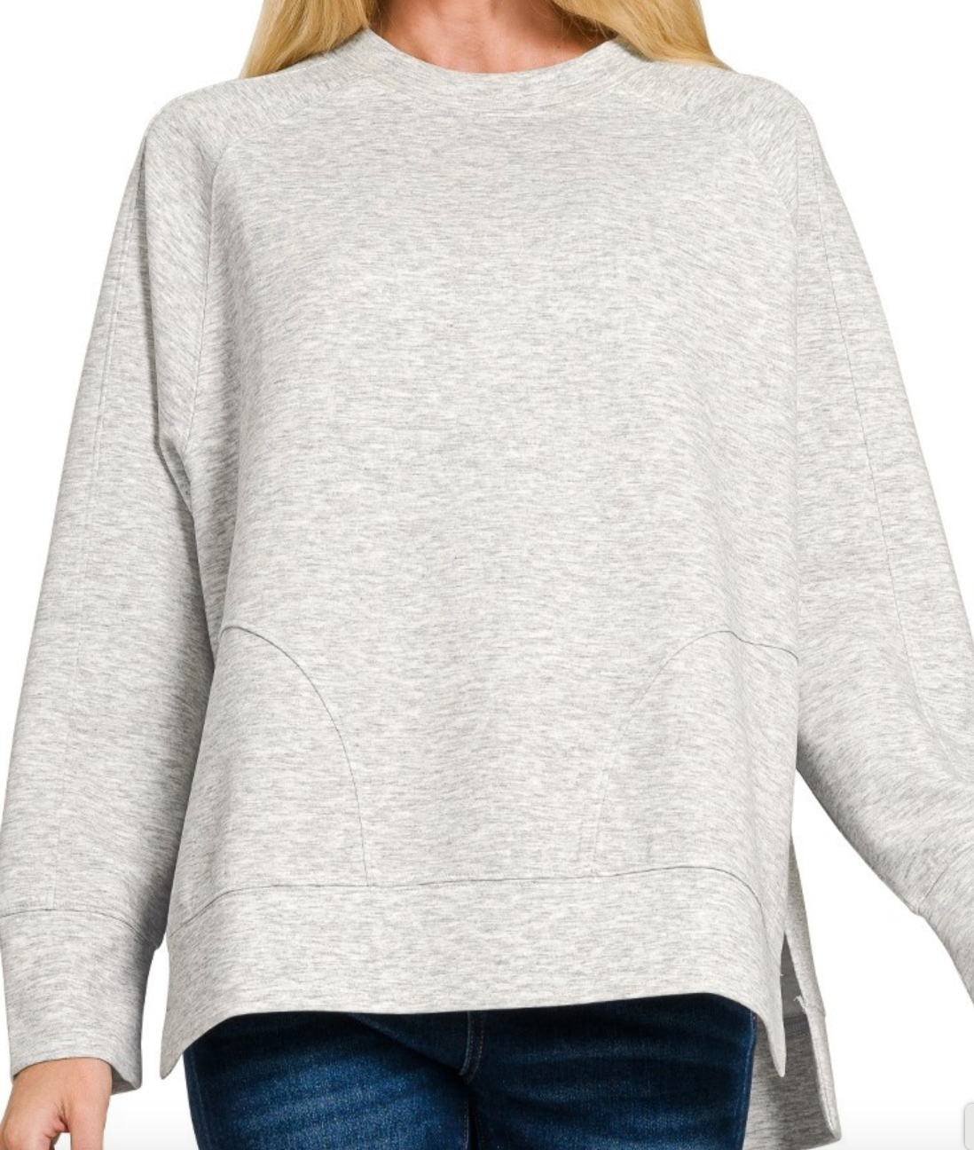 Round Neck Pullover W/ Side Slits in Heather Grey