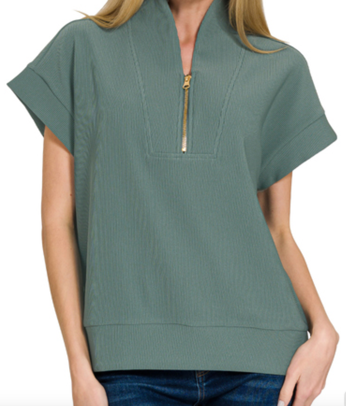 Ribbed High Neck Short Sleeve Top in Ash Jade