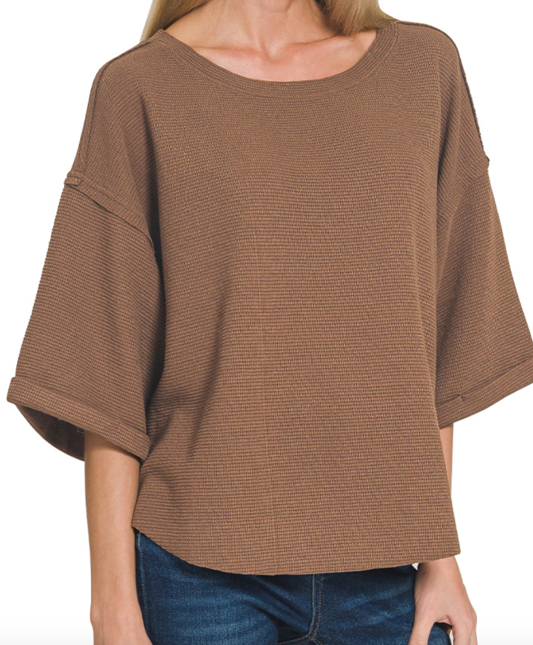 Double Knit Exposed Seam Short Sleeve Sweater in Chocolate Brown