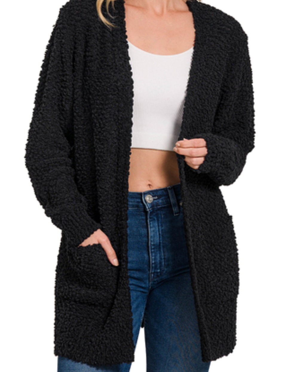 Long Sleeve Popcorn Sweater in Black