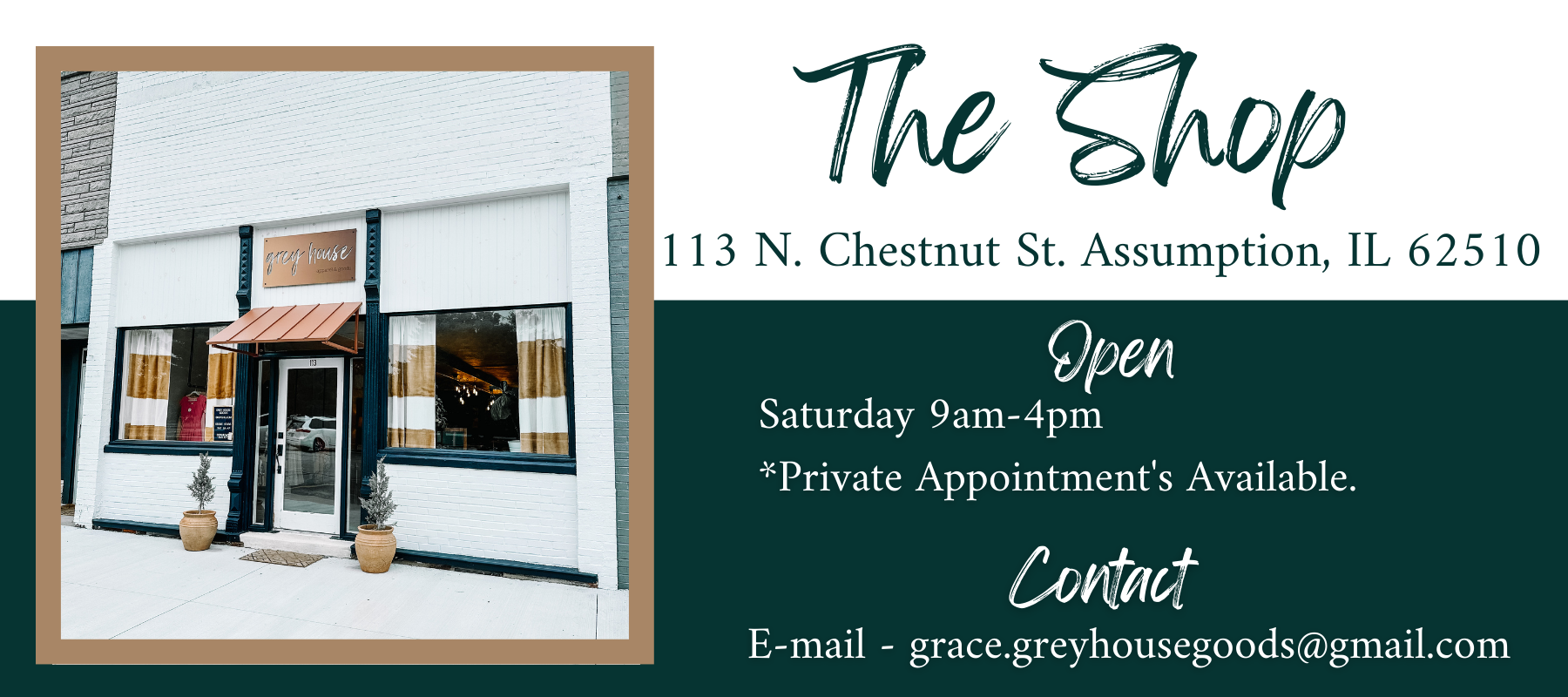 Picture of store hours and address. Saturday 9am-4pm. 113 N. Chestnut St. Assumption, IL 62510