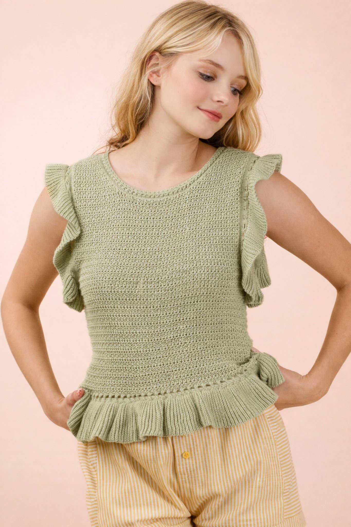 Ruffled Sweater Knit Top in Sage