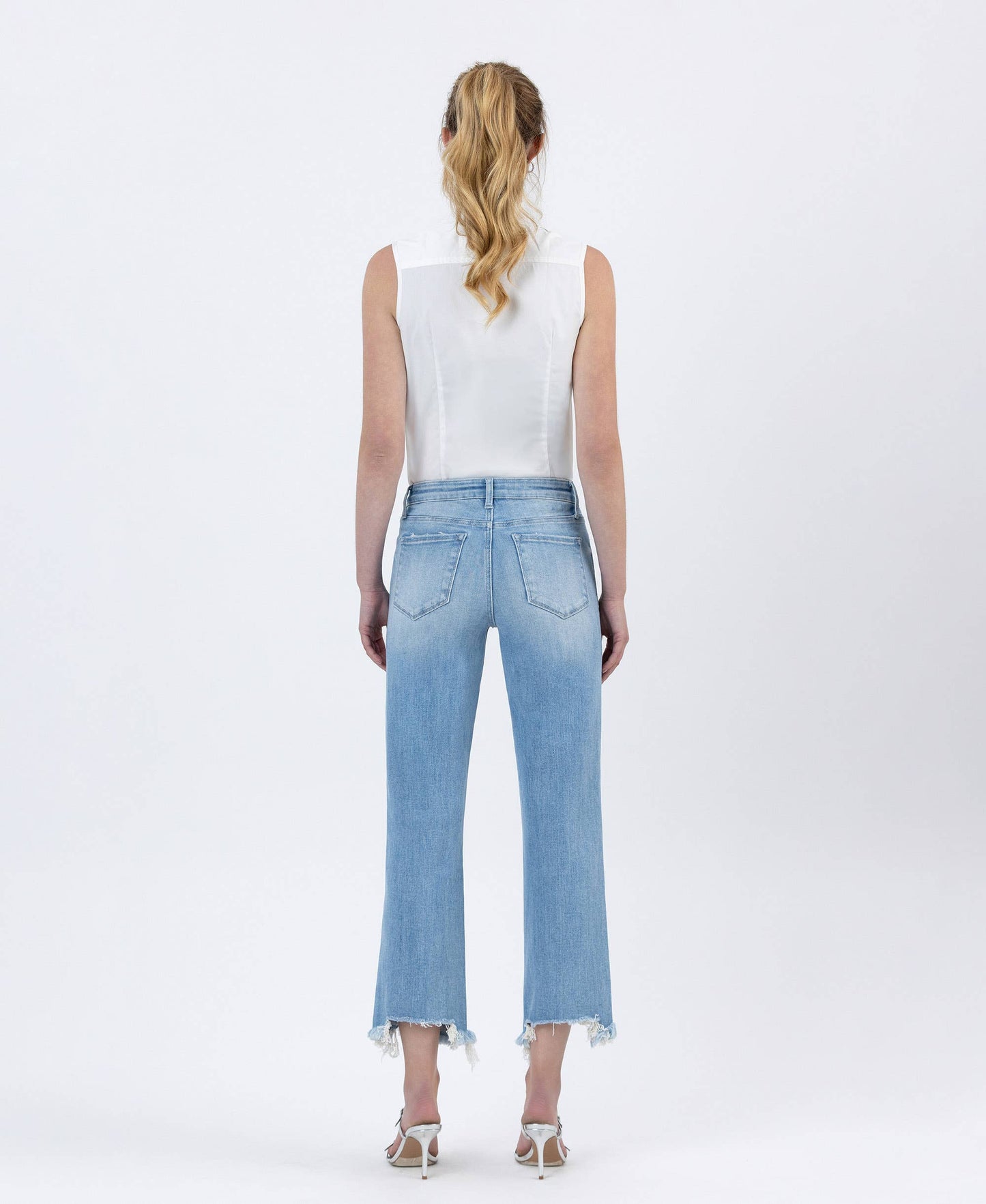 High Rise Distressed Crop Slim Wide Denim