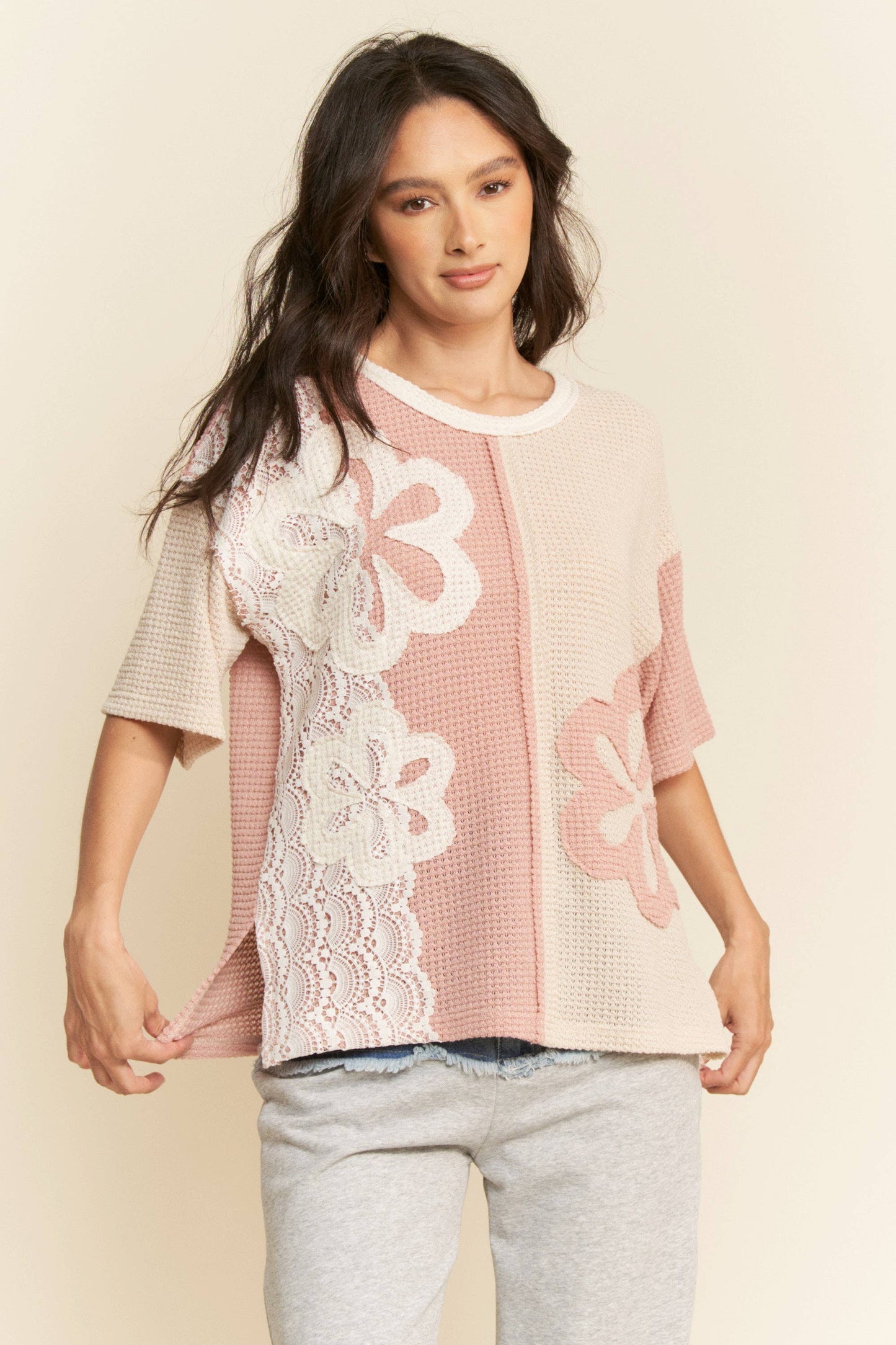 Patchwork Knit Pullover in Dusty Pink, Cream and Lace