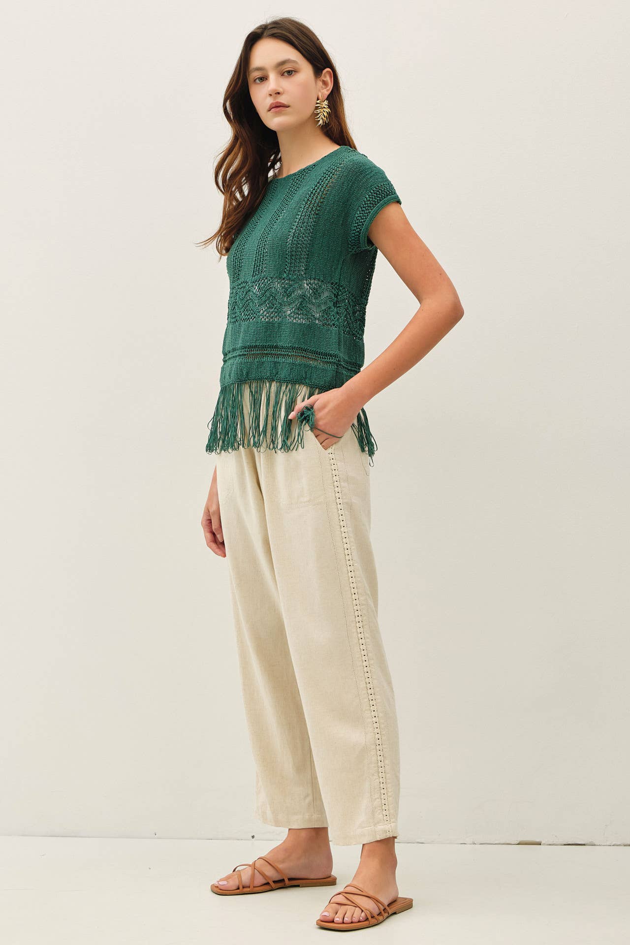 Fringed Crochet Sweater Top in Evergreen